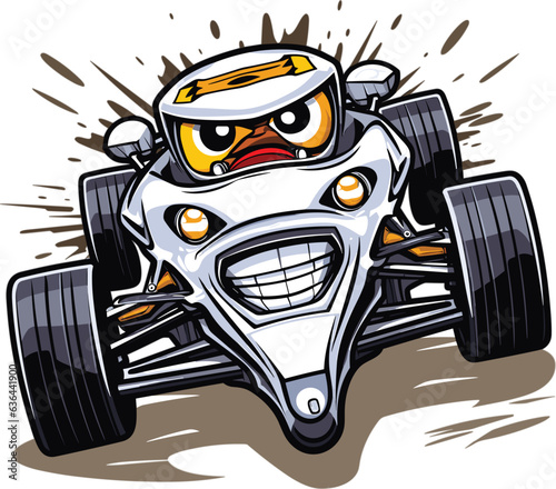 Cartoon white car with a competitive expression, featuring a wide smile