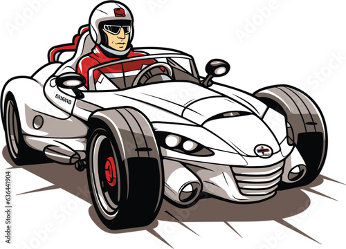 Cartoon race car driver speeding with a racing suit and helmet on a white background