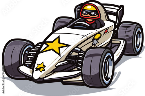 Cartoon race car driver speeding with a racing suit and helmet on a white background