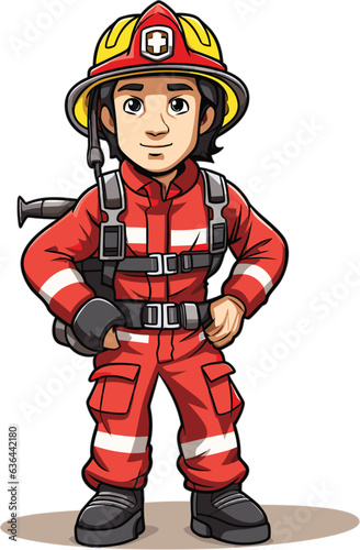 Digital illustration of a cartoon firefighter character on a white background
