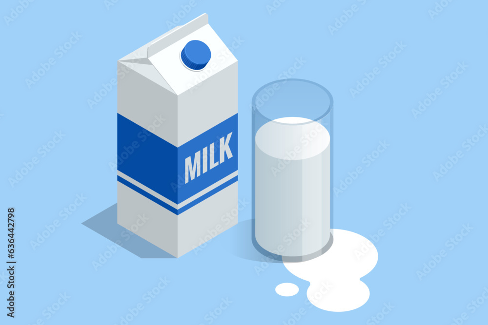 Isometric glass of milk with a gable package isolated on white background. Isometric glass of milk with a gable package isolated on white background.