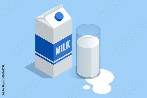 Isometric glass of milk with a gable package isolated on white background.
