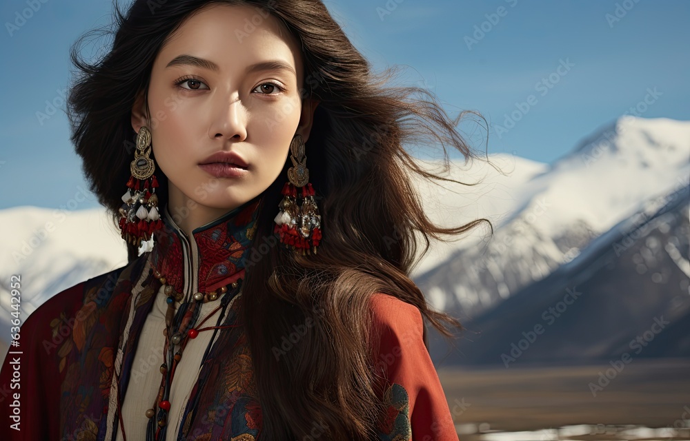 beautiful mongolian woman in a traditional dress posing in stunning