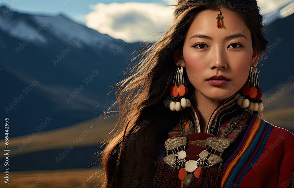 beautiful mongolian woman in a traditional dress posing in stunning
