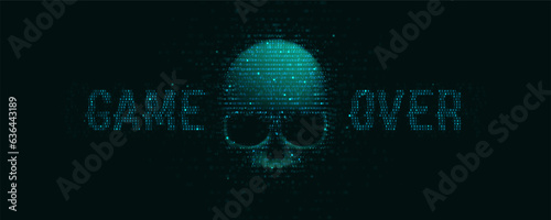 "Game over" sign with skull constructed with different particles and dots. Danger internet virus, technical problem or system error. Vector illustration.