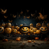 smiling evil cartoon pumpkins in a dark spooky place, halloween background. AI Generated.
