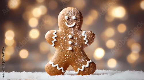the gingerbread man smiles cutely on a blurred light background. concept of new year and christmas.