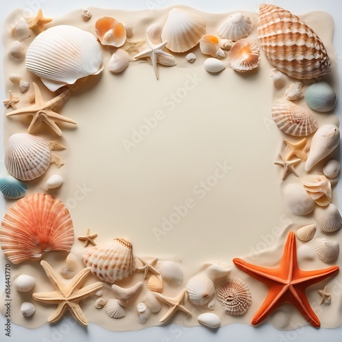 Frame made of seashells and sea reefs on a background of sand 