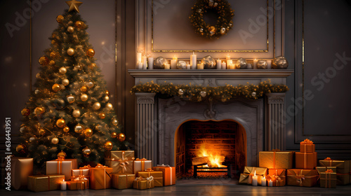 christmas illustration with fireplace, christmas tree and gifts. AI Generated.