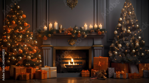 christmas illustration with fireplace, christmas tree and gifts. AI Generated.