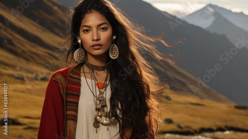beautiful peruvian woman in traditional clothes - posing in the andes (Generative AI) photo