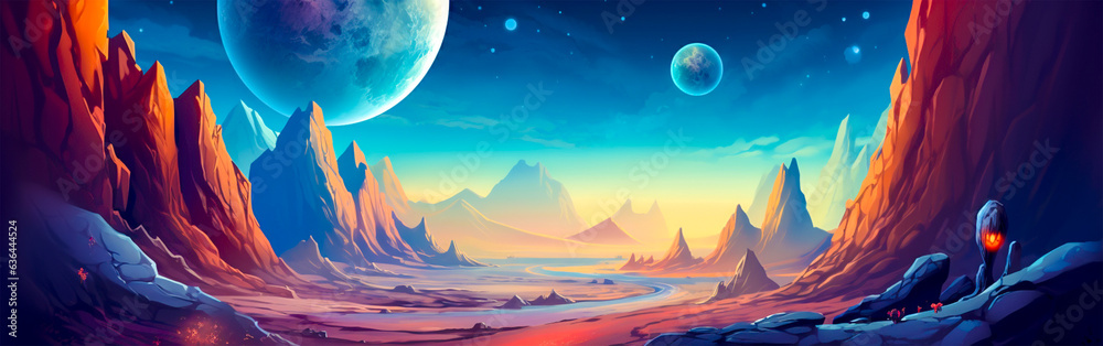 Stunning space background with alien planet landscape. Ideal for sci-fi or futuristic projects. Creates a visually captivating atmosphere.