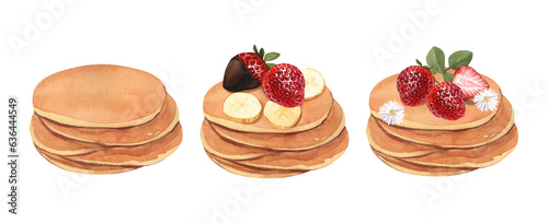 Watercolor dessert set, baked stack of tasty pancakes with strawberry and flowers chamomile.Hand-drawn illustration isolated on white background.Perfect food menu, food drawing, design packing, print