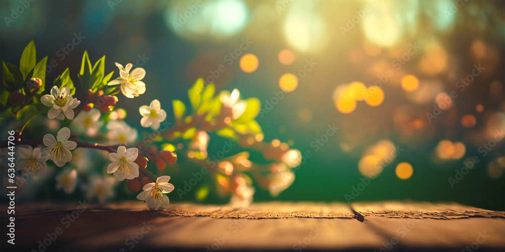 Natural and vibrant spring flower arrangement Beautiful flowers on a wooden table in a serene garden setting Evoke feelings of joy, renewal and the beauty of nature. - obrazy, fototapety, plakaty 