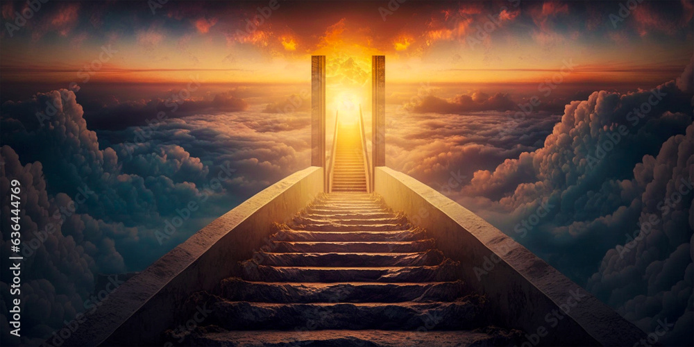 Rise to eternal bliss as every step brings you closer to the divine realm above! Ascend to Heaven - obrazy, fototapety, plakaty 