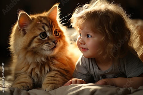 closeup of a cute little girl kuddling with her kitten (Generative AI) photo