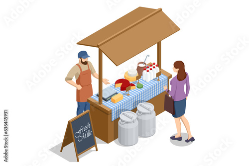 Isometric milk produce production concept. Farmer sells milk and dairy products