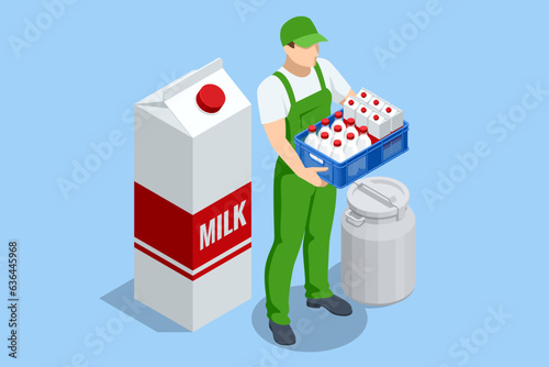 Isometric milk produce production concept. Farmer sells milk and dairy products