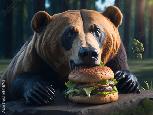 the bear eats a delicious burger. AI generated. photo