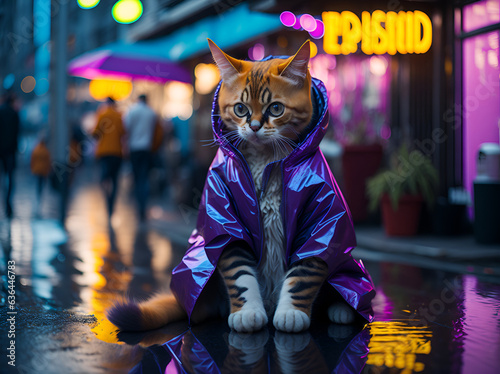 sad cat in a colored raincoat on the street in the rain. AI generated. photo