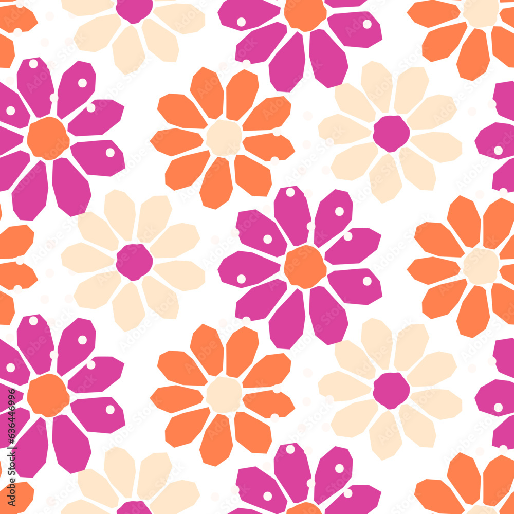 Over-Scaled Bold Retro Graphic Floral Vector Seamless Pattern. Big Simplistic Oversize Hand Drawn Daisies, Abstract Blooms pink orange Stylized Flowers Print.