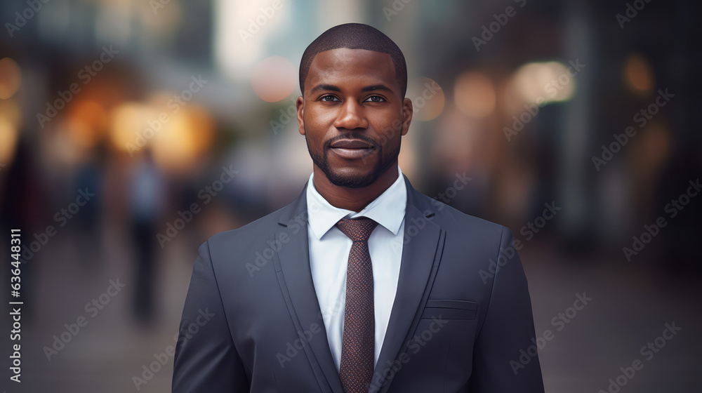 Afro American business man standing on the sidewalk