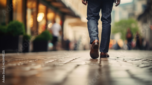 Legs of business man walking towards. Close up legs of businessman walking on sidewalk, business growth, move up, success, grow business concept.