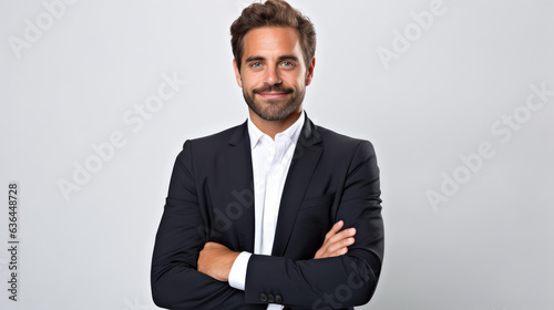 Happy and smiling businessman isolated - portrait of handsome man standing with crossed arms