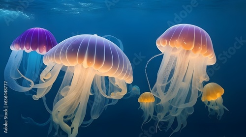 Banner Background Wallpaper Orange Purple Yellow Jellyfishes in Sea Water © Stella