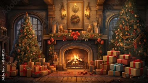 christmas gift stack in a cozy living room setting, with a warm fireplace glowing in the background, evoking the holiday spirit