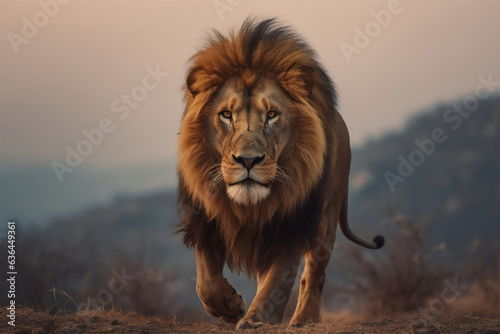 Male lion walking in the savannah at sunset. Lion, Panthera leo