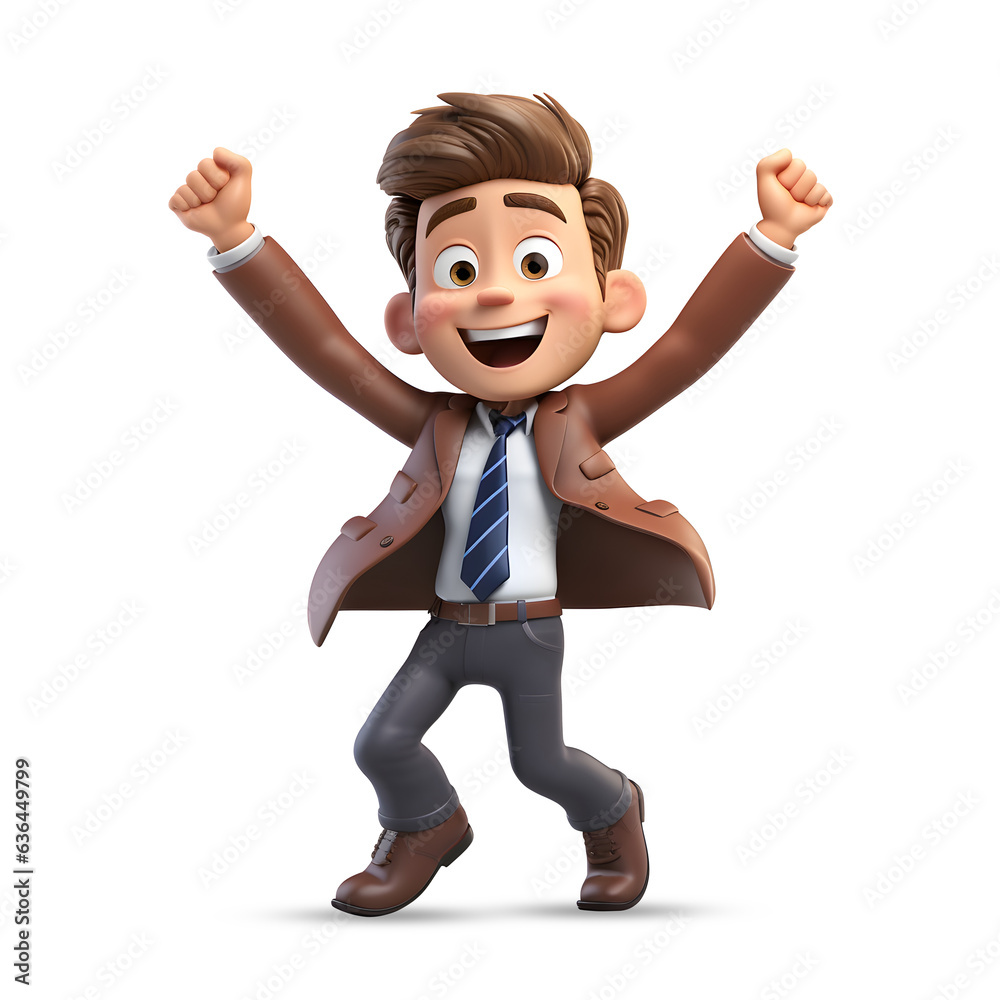 Cute 3D young businessman character showing joy Cute 3D young businessman character showing joy