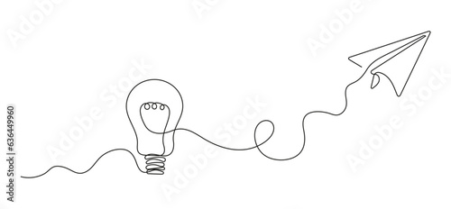 Metaphor of big idea in doodle, line style. Paper plane flies. Finding solution in business. Idea text in sketch style. Brainstorming concept vector.