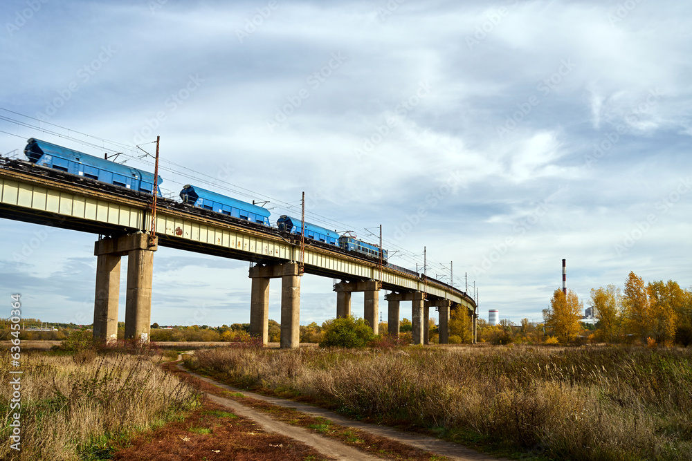 Freight train on a flyover over meadows near the city of Poznan Freight train on a flyover over meadows near the city of Poznan