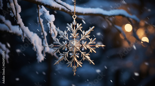 An image of a glittering snowflake ornament, framed against the tree's branches and twinkling lights 