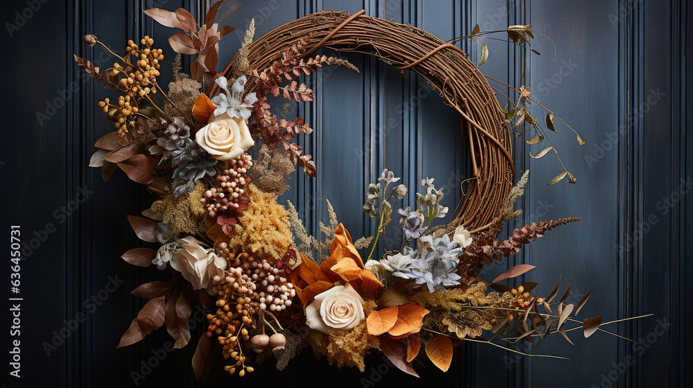 A wreath woven with grapevine and decorated with dried hydrangea blooms and magnolia leaves, capturing the essence of fall A wreath woven with grapevine and decorated with dried hydrangea blooms and magnolia leaves, capturing the essence of fall