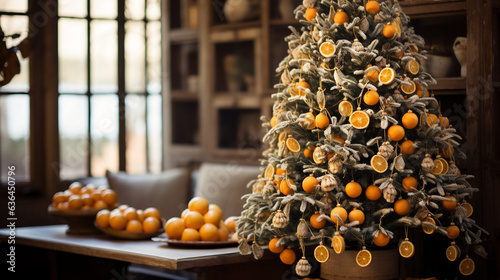 A rustic tree adorned with strings of popcorn, dried orange slices, and handmade clay ornaments, harkening back to traditional décor  photo
