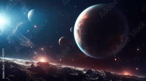 Space scene with stars  planets and asteroids in the galaxy. Panorama. Universe filled with stars  planets  asteroids  nebula and galaxy. Generative AI technology.