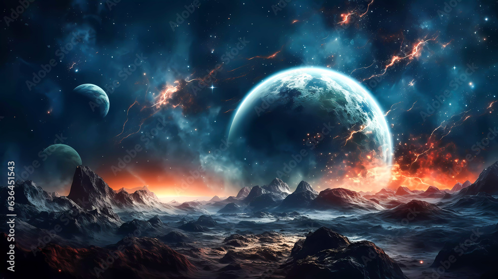 Space scene with stars, planets and asteroids in the galaxy. Panorama. Universe filled with stars, planets, asteroids, nebula and galaxy. Generative AI technology. Space scene with stars, planets and asteroids in the galaxy. Panorama. Universe filled with stars, planets, asteroids, nebula and galaxy. Generative AI technology.