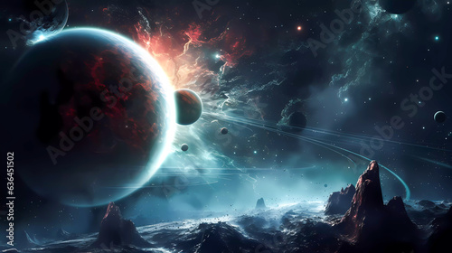 Space scene with stars, planets and asteroids in the galaxy. Panorama. Universe filled with stars, planets, asteroids, nebula and galaxy. Generative AI technology.