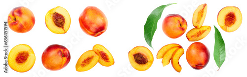 ripe nectarine isolated on white background. Top view. Flat lay pattern. Set or collection
