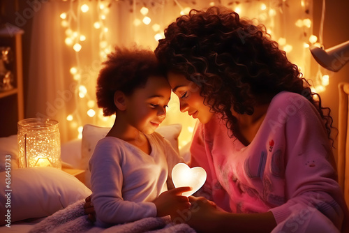 Mother and daughter of an African American woman in pink clothes and in a pink interior of a children s room hold a glowing heart in their hands and hug