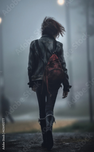 a fashion punk rocker woman. dark clothes and backpack. cold winter suburbia street. emo fashion. 