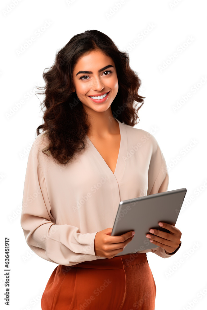 Cheerful Latin American woman smiling while using digital tablet. White and transparent background Cheerful Latin American woman smiling while using digital tablet. White and transparent background