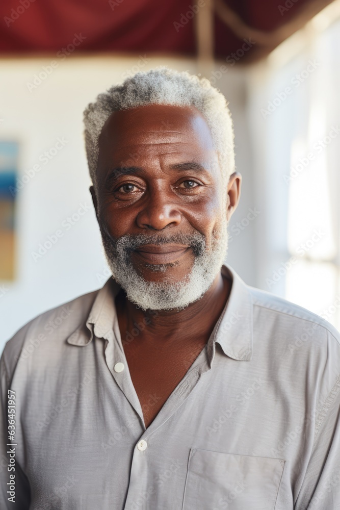 Smiling senior black man posing inside a room looking at the camera Smiling senior black man posing inside a room looking at the camera