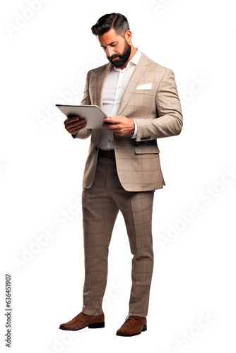 Full body shot of attractive businessman using digital tablet on white and isolated transparent background
