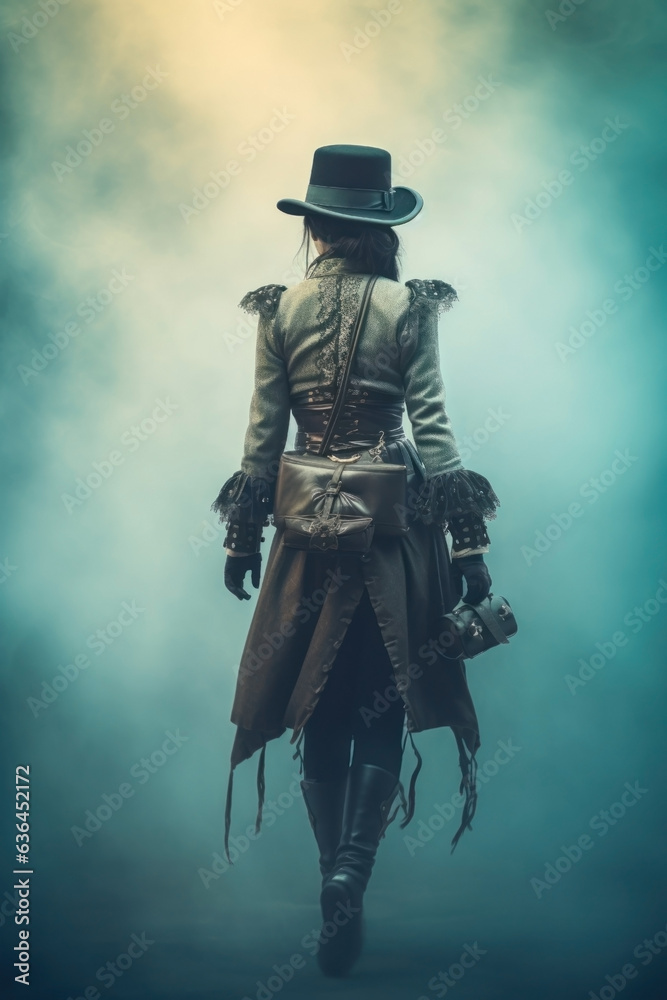 Fototapeta premium steampunk woman walking in the fog. 