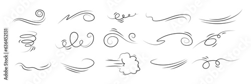 Simple doodle wind line drawing set. Vector sketch of wind in motion, air blow and swirl elements. Air blow motion, smoke flow art, abstract line for cards, logo design, web, social media and posters