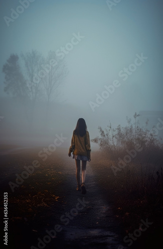 minimalist teen girl walking away in the foggy early morning rural area. 