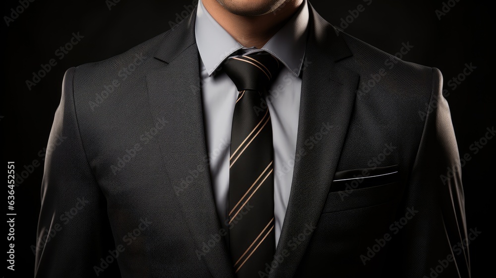 Front view of torso in elegant business suit. Isolated over black background, copy space